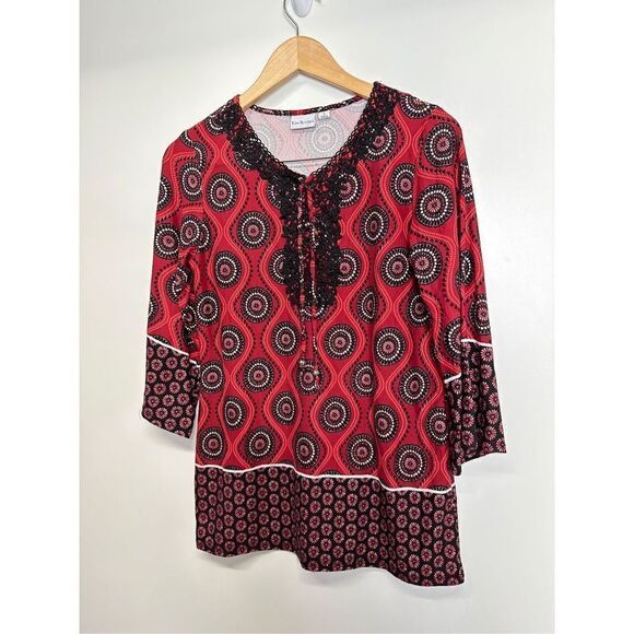 Kim Rogers Tunic Blouse Womens Red/Black Floral Pattern Small - Picture 2 of 9